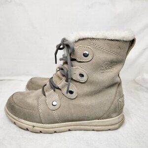 Sorel Womens 6.5 Mid Calf Suede Lace Boots Faux Fur Beige Explorer Joan Boot